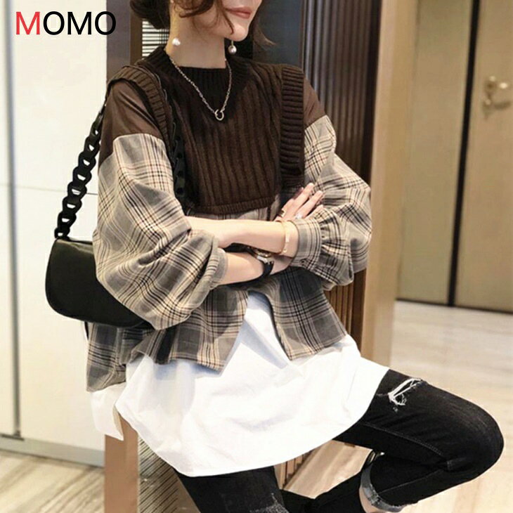 樂天商城 - ドッキングニット シャツ+ニットセーター Uネックニット フェイク格子柄シャツセーター 大人カジュアル アラサーコーデ ナチュラルコーデ 韓国 ファッション アラサーちゃん アラフォーコーデ ナチュラルコーデ ワンマイルコーデ 普段着ニット