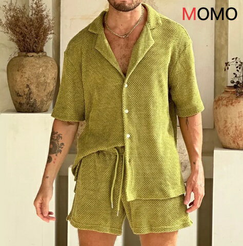 樂天商城 - ゆったり ニット シャツ パンツ セットアップ サラッとした着心地 ビッグシルエット ツーピース 半袖 カジュアル ウエア S～3XL 大人カジュアル メンズ 普段着 水洗いOK