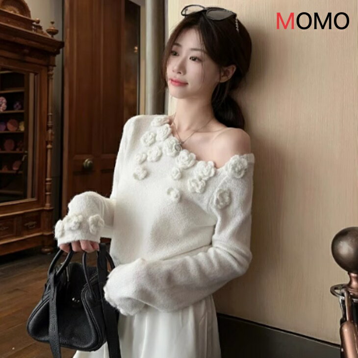 樂天商城 - 立体ローズが可愛い 斜め王ショルダー 薄手ニットセーター ふんわり 秋冬 ニットセーター きれいめ 大人可愛い セーター 大人カジュアル 大人ファッション 大人コーデ アラサーファッション アラサーコーデ 大人韓国コーデ ワンマイルコーデ 秋冬ニット