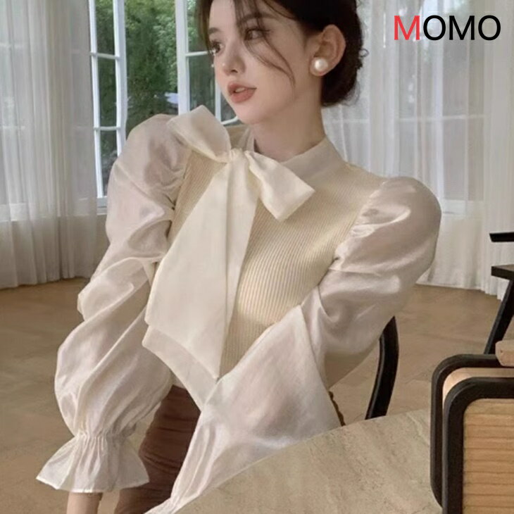 ボウタイが可愛いパフスリーブニット...