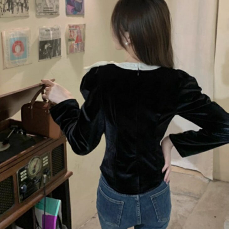 ボウタイが可愛い パフスリーブ ベルベット シャツブラウス 春秋冬 オールシーズン きれいめ ベルベットブラウス シャツ 大人可愛い フリルニットトップス 大人カジュアル 大人ファッション 大人コーデ アラサーファッション アラサーコーデ 大人韓国コーデ ワンマイルコーデ