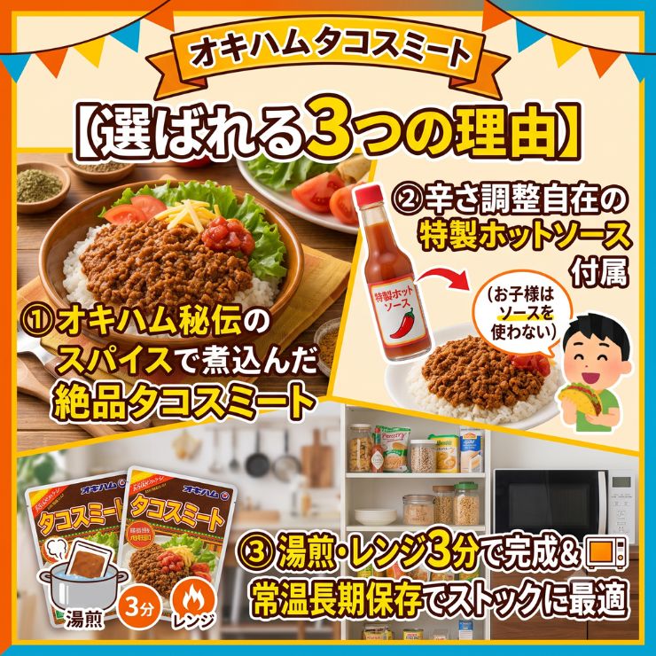 タコライス オキハム 3食セット 送料無料 メール便 常温保存 レトルト 沖縄 お土産 タコスミート スパイス ホットソース 付き ご飯のお供 時短 料理 非常食 保存食 お試し ポイント消化 食品 沖縄ハム 385store-10001361 385じま 楽天市場店 サンプル画像3