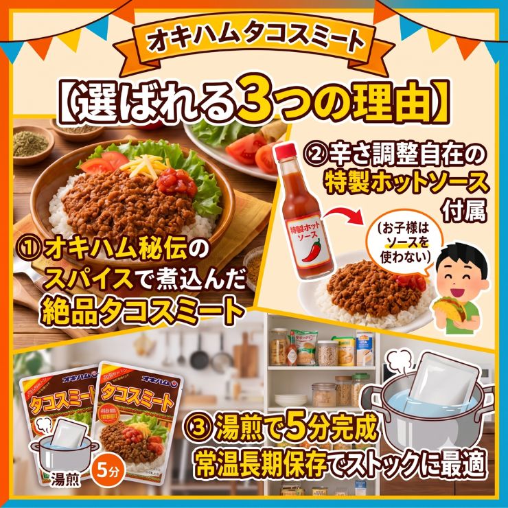 385じま 楽天市場店の【送料無料】沖縄あぐー豚 （2食入） 5袋セット タコライス オキハム 沖縄ハム あぐー豚100%使用 特製ヤラピノHOTソース付 レトルト 常温保存 1年 沖縄土産 ご当地グルメ お取り寄せ タコス 簡単調理 キャンプ飯 買いまわり ポイント消化｜アングル3
