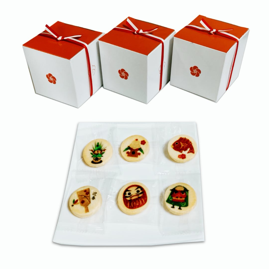 小花箱入り 迎春プリントクッキー 個包装 3枚入x10個セット 新春 年賀 和風 プチギフト かわいい だる..