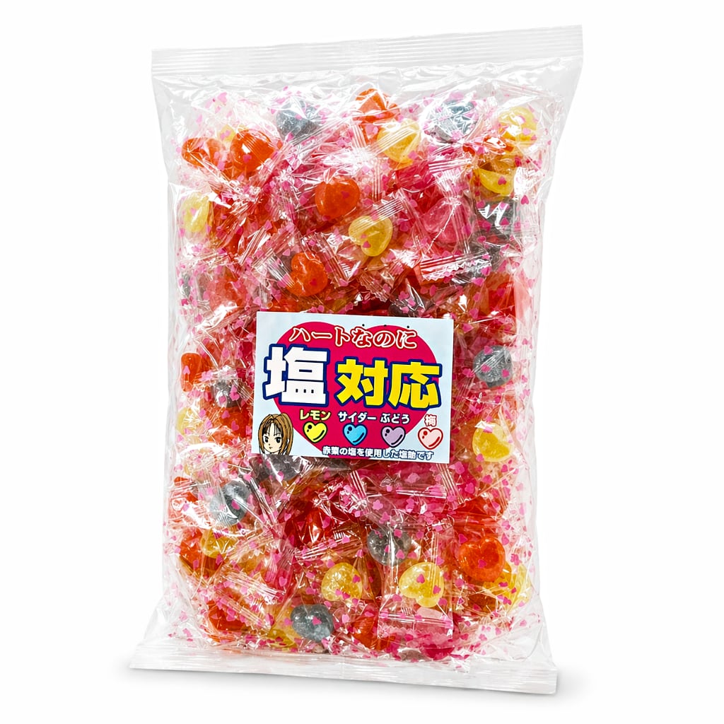 塩あめ ハート型キャンディ 「ハートなのに塩対応」1kg 約270粒 業務用｜熱中症対策 塩分補給 梅・レモン・サイダー・ぶどう ミックス 4つの味のかわいい塩あめ 塩分補給の塩あめだって可愛いほうがいいに決まってる!! 夏の熱中症対策に最適！手軽に塩分補給ができる人気の塩あめです。かわいいハート型のキャンディで、見た目にも楽しく、イベントや配布用にもぴったり。梅・レモン・サイダー・ぶどうの4種類のフレーバーがミックスされており、飽きずに楽しめる味わい。さっぱりとした甘さとほどよい塩味で、暑い季節のリフレッシュにも最適です。業務用の大容量1kg入りで、約270粒とたっぷり入っているため、職場・学校・スポーツ・屋外イベントなどのまとめ買いにもおすすめ。個包装タイプなので衛生的で配りやすく、持ち運びにも便利です。熱中症対策や日常の塩分補給に、見た目もかわいいハート型塩あめをぜひご活用ください。 賞味期限：2027年　4月　以降原材料：原材料：砂糖（国内製造）、水飴、食塩、リンゴ果汁/酸味料、香料、着色料（クチナシ、アントシアニン、ウコン） 3