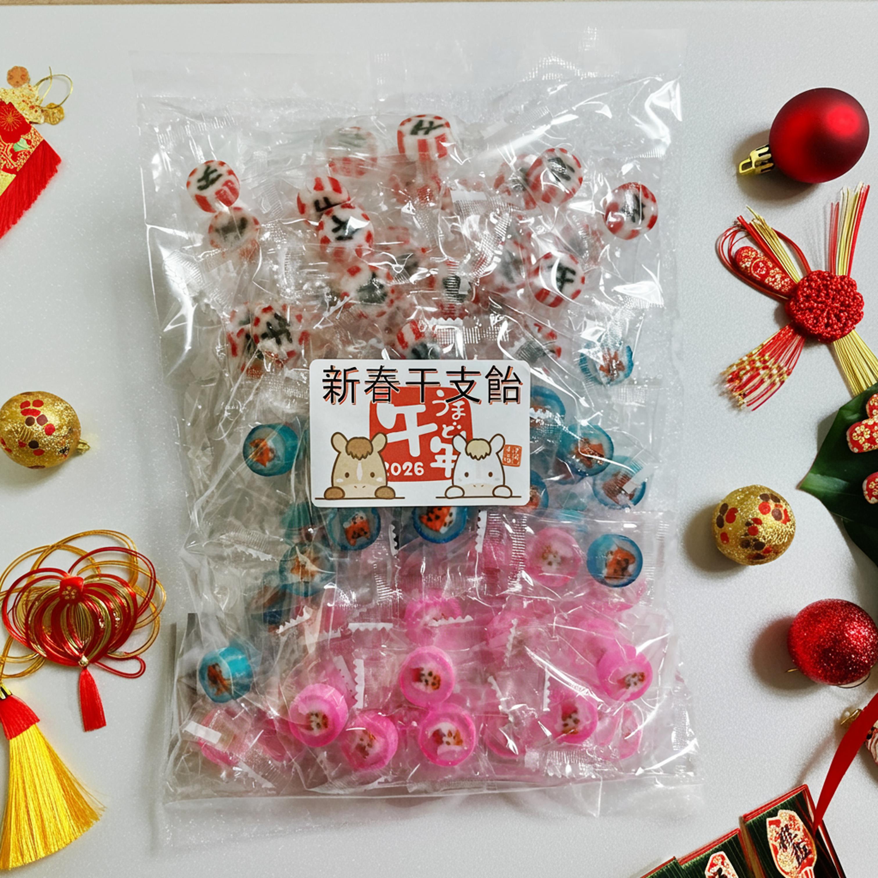 新春干支飴 雄馬・雌馬と干支文字（午）の細工飴 100粒入（業務用 飴 配布用 お菓子 イベント景品 個包..