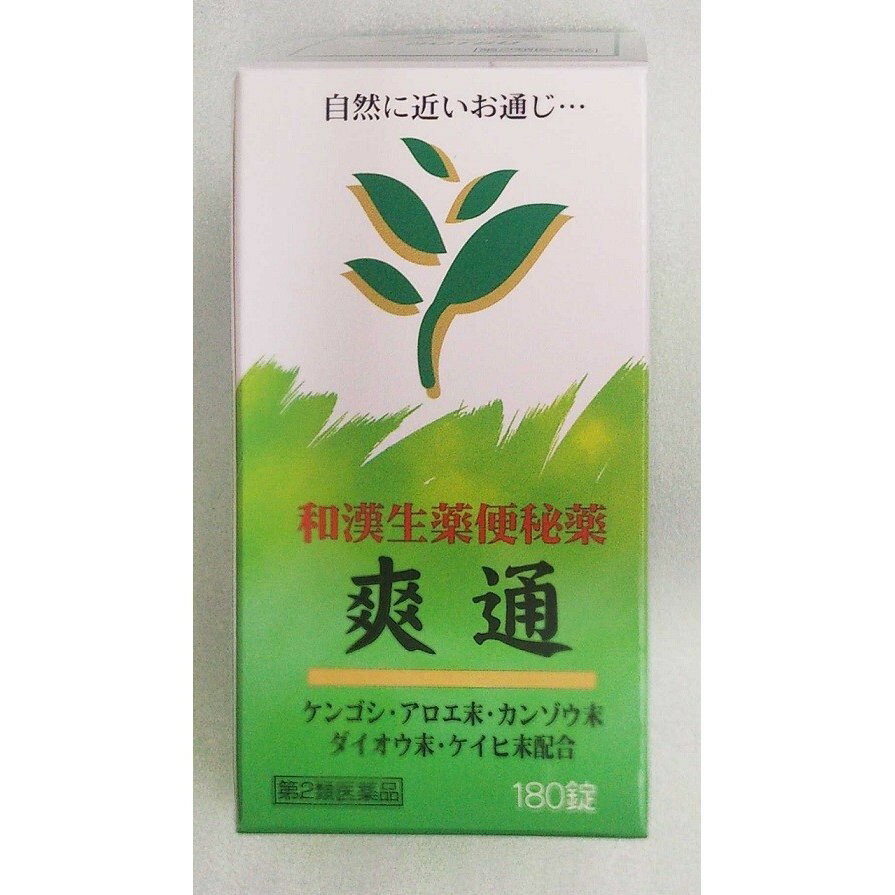 製品名 爽通　180錠 内容量 180錠 商品特徴 私達は1日3回の食事によって，体内へ栄養分を送り込んでいますが，すべてが吸収されるのではなく，老廃物は体外へ排出しなければなりません。老廃物がたまると体の機能に障害が起こります。21日1回の便通は普通で，それによって健康，若さ，美容を保つ要素となっています。本剤によって快よい便通をつけ気持よい毎日をお過し下さい。 効能・効果 便秘。便秘に伴う次の症状の緩和：頭重，のぼせ，肌あれ，吹出物，食欲不振，腹部膨満，腸内異常醗酵，痔 用法・用量 次の量を水またはお湯で服用してください。 年　齢 1回量 1日服用回数 15歳以上 1〜2錠 食間に3回 15歳未満 服用しないで下さい ＜用法・用量に関連する注意＞ 初回は最小量を用い，便通の具合や状態をみながら少しずつ増量又は減量して下さい。 成分・分量 ＜3包中＞ 成　分 分　量 働き ダイオウ末 500mg 大腸壁を刺激して蠕動（ぜんどう）運動を活発にして瀉下効果をもたらすとされている ケンゴシ 250mg 瀉下と同時に利尿 アロエ末 500mg 大腸の粘膜を刺激して水分を貯め、それに基づく蠕動（ぜんどう）運動（腸の内容物を肛門の方へ送り出す運動）を促す ケイヒ末　 40mg 体を温める作用、発汗・発散作用、健胃作用 カンゾウ末 70mg 抗消化性潰瘍作用、胃上皮増殖促進作用、胃粘膜障害防止作用、鎮咳作用、抗炎症作用、解毒作用、抗菌作用、鎮痙作用他 添加物として、バレイショデンプン、カルメロースCa、セルロース、ステアリン酸Mgを含有する。 使用上の注意 1．次の人は服用前に医師又は薬剤師に相談して下さい 　（1）はげしい腹痛又は悪心・嘔吐のある人。 　（2）妊婦又は妊娠していると思われる婦人。 　（3）医師の治療を受けている人。 2．服用に際して次のことに注意して下さい 　（1）定められた用法，用量を厳守して下さい。 　（2）他の瀉下薬（下剤）と同時に服用しないで下さい。 3．服用中又は服用後は，次のことに注意して下さい 　（1）本剤の使用により，はげしい腹痛，下痢，嘔吐等があらわれた場合には， 服用を中止し，医師又は薬剤師に相談して下さい。 　（2）数日服用しても便秘の改善がみられない場合は服用を中止し，医師又は薬剤師に相談して下さい。 保管及び 取扱い上の注意 （1）直射日光をさけ，なるべく湿気の少ない涼しい所に保管して下さい。 （2）小児の手のとどかない所に保管して下さい。 （3）誤用をさけ，品質を保持するため，他の容器に入れかえないで下さい。 お問い合わせ 本製品内容についての問い合わせは、下記にお願い申し上げます 米田薬品工業株式会社　お客様相談室 奈良県高市郡高取町市尾986　TEL 0744-52-3720　 受付時間　10：00‐16：00　（土、日、祝日除く） 販売元 米田薬品工業株式会社 製造販売元 米田薬品工業株式会社 　 JANコード 4954391104051 商品区分 第2類医薬品 広告文責 サンキューみつや薬店