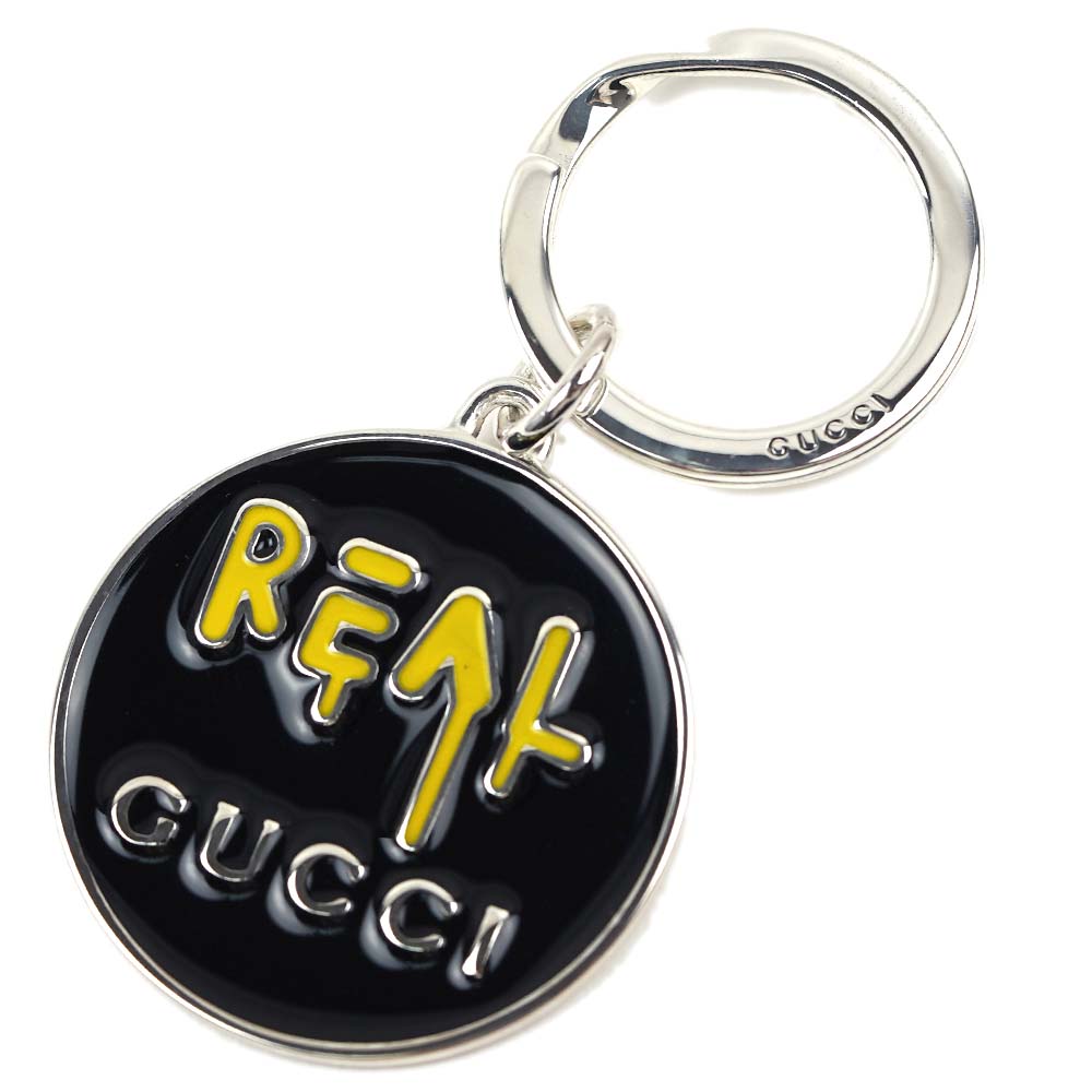 グッチ キーホルダー（レディース） グッチ キーホルダー キーリング REAL ロゴ プレート シルバー925 エナメル AURECO BLACK FINISH GUCCI エングレービング 478646 J89L0 8490