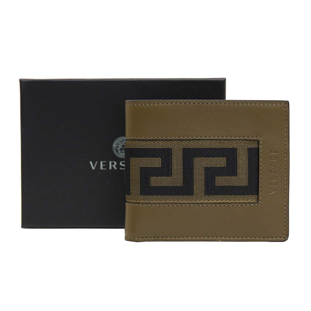 ヴェルサーチェ ヴェルサーチ 二つ折り財布 小銭入れ有 グレカ Men's Wallet Khaki/Black Calf Leather VERSACE DPU6737 1A0060 2K03V