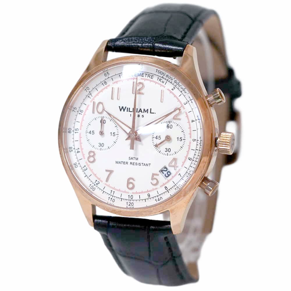 ウィリアム エル 1985 腕時計 メンズ ユニセックス クロノグラフ 日付カレンダー ダブルドーム型ミネラルガラス 日本製ムーブメント レザー 本革 クロコ型押し テレメーター タキメーター ローズゴールド ブラック WILLIAM L.1985 Vintage style WLOR01BCORCN