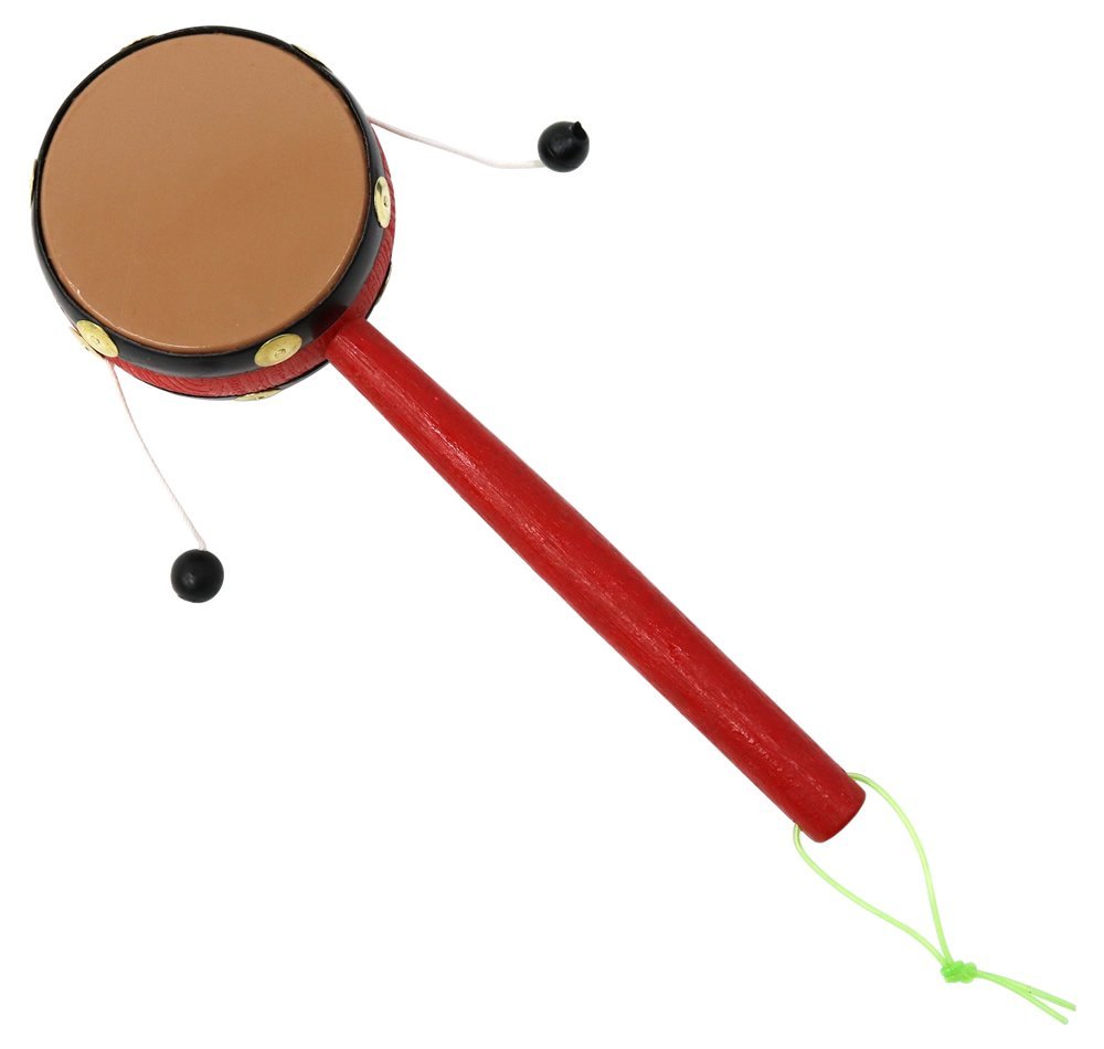 持ち手を往復回転させることで、玉が太鼓の膜に当たり音を立てる「でんでん太鼓」。 楽器用途の他、お子様の知育玩具としてもお楽しみいただけます。 サイズ:全長約195,打面直径約65(mm) ・本体重量:約50g ・材質:木製柄/プラスチックヘッド　