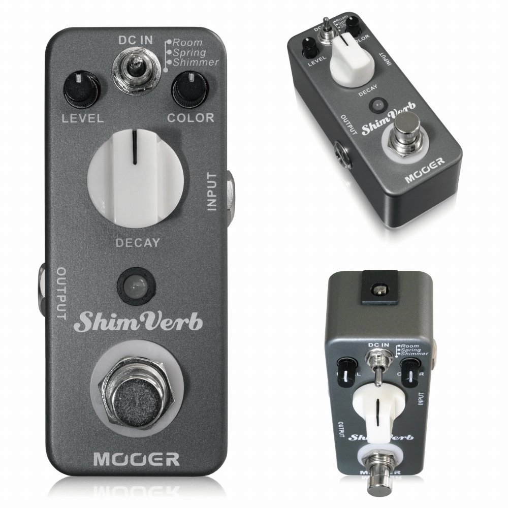 Mooer ShimVerbはミニサイズのメタル筐体を使用したリバーブペダルです。 Room/Spring/Shimmerの3モードをトグルスイッチにより選択できます。 スタンダードなリバーブから幻想的な効果までをカバーすることができます。 トゥルーバイパス仕様なので、バイパス時に音色が変わる心配もありません。 電源はDC9Vセンターマイナスアダプターで動作します。 電池での動作には対応していません。 ●特徴 ・Room/Spring/Shimmerの3種類のアルゴリズムを収録 ・フルメタル筐体 ・超小型、コンパクトデザイン ・トゥルーバイパス ・スタンダードなDC9Vアダプターで駆動 ●Room/Spring/Shimmer ・Room：小さな部屋からコンサートホールのような広い空間まで設定可能 ・Spring：60年代のサーフサウンドにかかせないスプリングリバーブを再現 ・Shimmer：ポストロックに最適なオクターブ上が加わる幻想的なリバーブ ●スペック インプット：1/4インチモノラルオーディオジャック（インピーダンス：470kΩ） アウトプット：1/4インチモノラルオーディオジャック（インピーダンス：100Ω） 電源：レギュレートされたセンターマイナスDC9Vアダプター（電池はご使用になれません） 消費電流：128mA サイズ：93.5mm(D)×42mm(W)×52mm(H) 重量：170g　