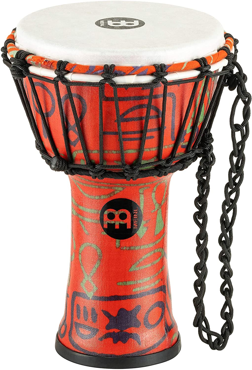 MEINL Jr.DJEMBEは、7"のコンパクトなボディーながら音量も大きく素晴らしいトーンが出ます。 軽量なシンセティックシェルの為、どんな機会にもさっと掴んで出かけるのに最適な楽器です。 ヘッドは予めストレッチされたロープでしっかりと締められチューニングの保持が良く、ボディ、ヘッドともにシンセティックを使用している為、夏、高温多湿な日本の環境にも耐性があり、コンディションを気にせず楽しむことができます。 ●サイズ:7"(ヘッド) × 12 1/2"(高さ)　