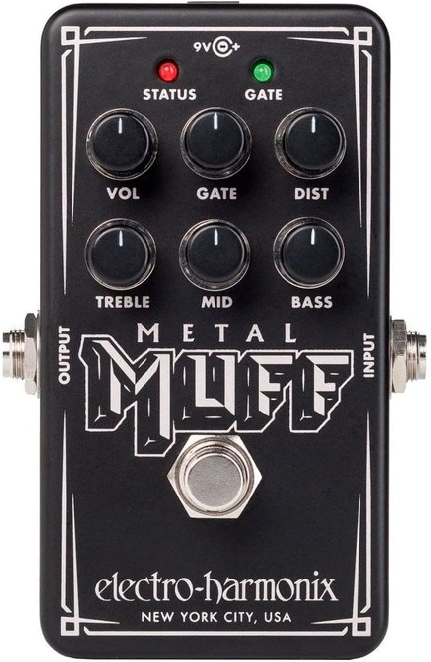 Electro-harmonix Nano Metal Muffは、強烈なディストーションと激しくアグレッシブなサウンドを求めるプレイヤーのために開発されました。兵器のようなディストーションと非常にパワフルなEQセクションのコンビネーションにより、超重量級サウンドを調整するために必要なフレキシビリティーとトーンシェイピングを提供します。Nano Metal Muffの新たにデザインされたノイズゲートは優れた追加機能で、演奏を停止したときの不要なハムノイズを除去します。ノイズフロア・スレッショルド・コントロール(GATE)と、ゲートが作動したことを示すLEDを備えています。さらに、コンパクトなサイズと多彩で直感的なコントロールもNano Metal Muffを完成させる重要な要素です ヘビーメタルプレイヤーのためのサウンド。 コンパクトでペダルボードに入れやすいサイズ。 広範囲に及ぶEQコントロール: Bass +/-(cut or boost)14dB、Mid +/15dB、Treble +/10dB。 ペダルのアウトプットボリュームレベルを設定するVOLコントロール。 インプットゲインと歪み量を調整するDISTコントロール。 不要なノイズを除去し、作動したことをLEDで示すノイズゲート。 サイズ：70 mm (w) x 113 mm (d) x 50 mm (h)　