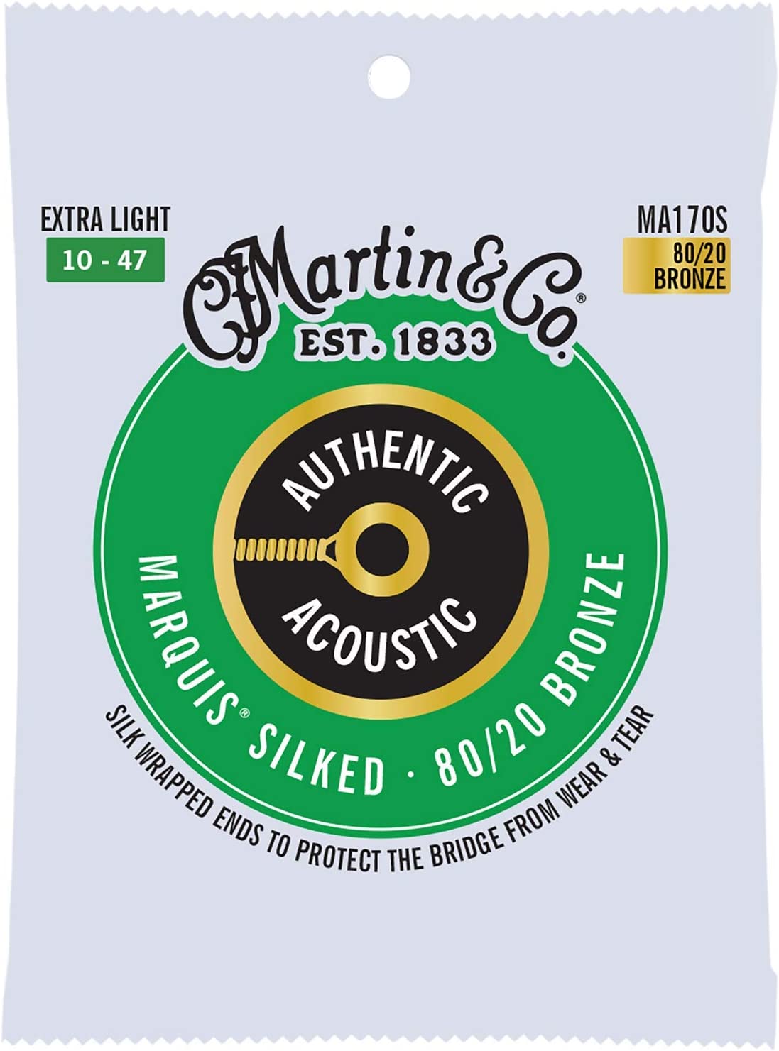 MA170S AUTHENTIC ACOUSTIC MARQUIS SILKED 80/20 BRONZE Extra Lightは、エクストラライトゲージのアコースティックギター用ブロンズ弦。アコギ本来の音を活かす、どんなアコギにもマッチするトーンが魅力。Martin Authentic Acoustic Marquis Silked弦は、優れたチューニングの安定製、耐腐食性に加え、ボールエンドに追加したシルクラップによるブリッジ部の保護を実現しています。 ■AUTHENTIC ACOUSTIC MARQUIS SILKEDシリーズ ■80/20 BRONZE ■Extra Lightゲージ（010、014、023、030、039、047）