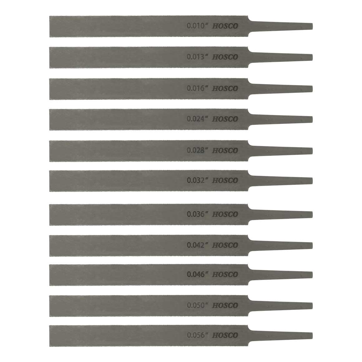 エッジカットナットファイル11本組 セット内容: .010"/ .013"/ .016"/ .024"/ .028"/ .032"/ .036"/ .042"/ .046"/ .050"/ .056" エレキギター～アコースティックギター用のナット溝加工ヤスリです。 しなりが大きく細いゲージでは扱いが少々難しいですが、より細かなゲージ設定によりそれぞれの弦の太さに合わせた精度の高い加工が可能です。ウクレレ、バンジョーなどにもご利用いただけます。 ※注意 　修理・メンテナンスは自己責任でおこなってください。修理・メンテナンスにともなう損害の補償はいたしかねます。