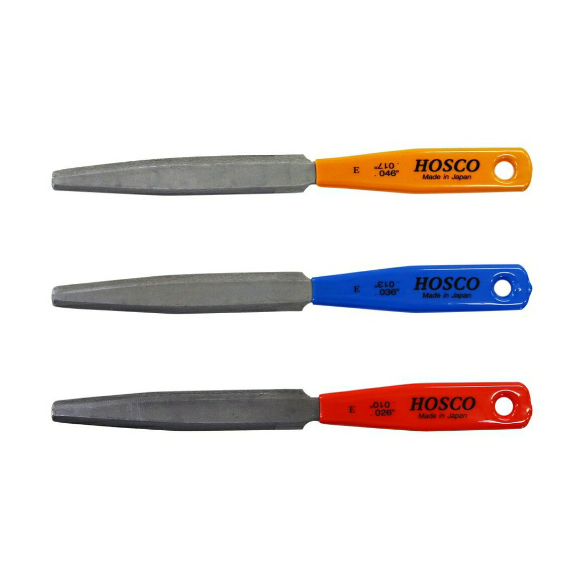 ダブルエッジナットファイル　3本組 エレキギター用 セット内容 : .010"/.026" , .013"/.036" , .017"/.046" エレキギター用のナット溝加工ヤスリです。 地金に厚みがあるためしなりが少なく、扱いやすくなっています。 より細かいゲージ設定が必要な方場合はTL-NF10 ナットファイル10本組をお勧めします。 ※注意 　修理・メンテナンスは自己責任でおこなってください。修理・メンテナンスにともなう損害の補償はいたしかねます。