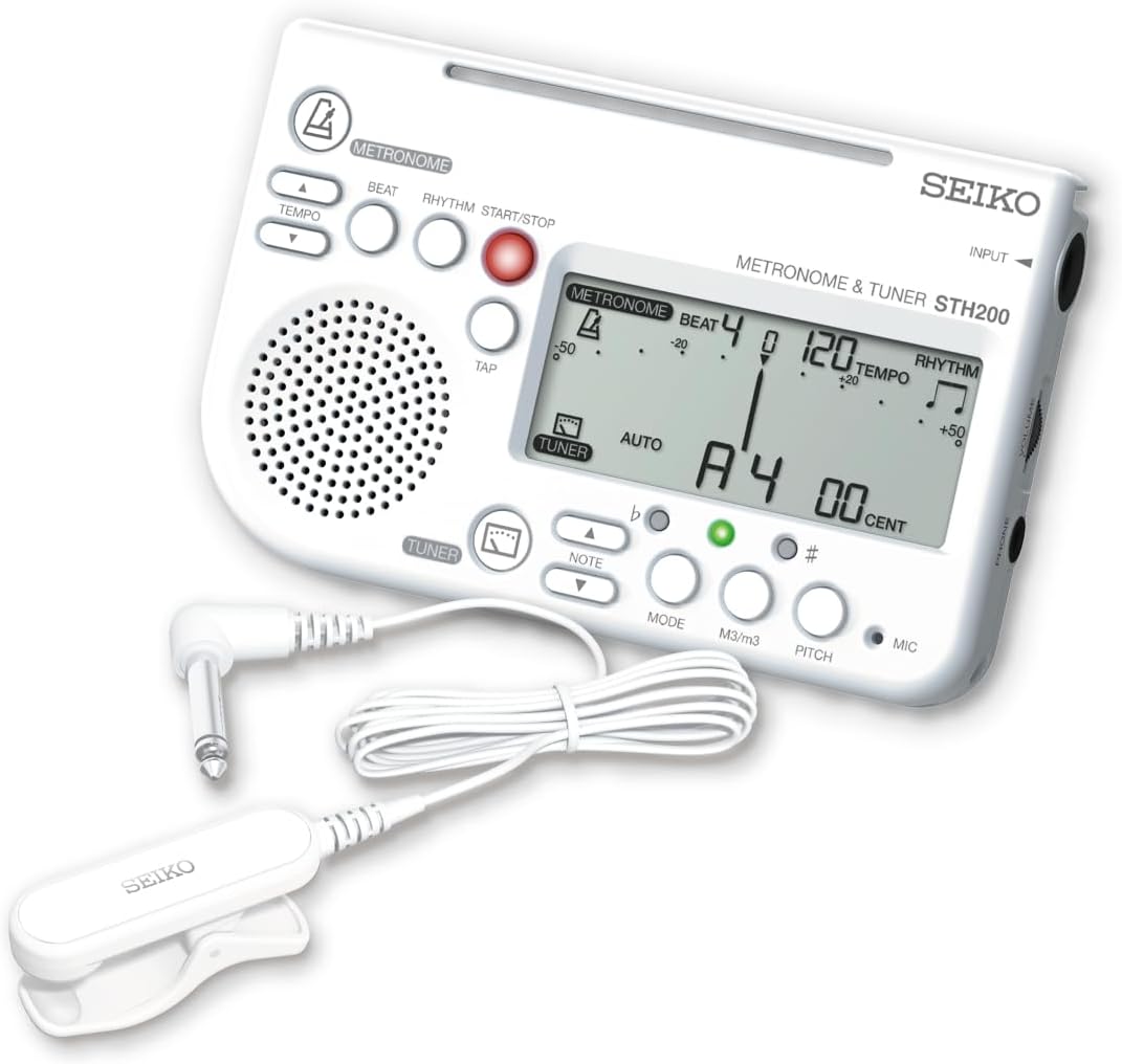 メトロノーム、チューナー、基準音発振の3機能が同時使用可能。 本体カラーに合わせたピックアップマイクが付いたお得なセットです。 楽器の練習に最適な機能を凝縮したアイテムです。 【特徴】 ●大音量、クラリネット風の基準音 演奏中も聴き取りやすい大音量のメトロノーム、クラリネット風の基準音でテンポやピッチのトレーニングに最適です。 ●譜面台にラクラク取り付け（スリット） 譜面台にスマートに取り付けられる新設計のスリットにより譜読み、譜めくり時に邪魔になりません。 ●メトロノーム、チューナー、基準音発振の3機能が同時使用可能 STH200は初心者から中・上級者の日々の練習をしっかりサポートします。 ●軽量、コンパクト、省エネ 持ち運びに便利な96gの小型軽量ボディ。単4電池1本で使えて省エネかつ経済的です。 ●純正長三度、短三度調律サポート 純正三度でのハモリ練習をサポートする新機能(M3、m3モード)搭載。ワンランク上の練習に便利です。 ピックアップマイクを使用するとクラリネット風の基準音を聴きながらハーモニートレーニングができます。 ●安定したチューニング性能 チューニングメーターの反応は早過ぎず、管楽器ユーザーが使ってちょうど良いところに設計。 人間の耳で聞いたときの感覚と同じような動きです。 【仕様】 ・チューナー 調律モード AUTO, MANUAL, SOUND 調律範囲・精度 A0～C8（正弦波入力時）・±1セント 基準音範囲・精度 C3～C6・±1セント 基準ピッチ範囲 A4=415, 438～445Hz その他 M3/m3モード（純正長三度、純正短三度調律サポート） ・メトロノーム テンポ範囲・精度 30～250回/分・±0.1% ビート（拍子） 0～7拍子 リズム 4分、8分、8分裏、3連、3連中抜、16分、付点8分+16分 タップ機能 あり ・その他 サイズ 114(横) x 72(縦) x 17(奥行) mm 質量 96g（電池含む） 電源 単4形アルカリ乾電池×1本(1.5V) 音量調節 ダイヤル式無段階設定 INPUT 内蔵マイク、φ6mmモノラルジャック OUTPUT φ3.5mmイヤホンジャック、ダイナミック・スピーカー オートオフ時間 20分（チューナー）、5分（基準音）、20分（メトロノーム待機） メモリーバックアップ MANUALモードの音名、SOUNDモードのオクターブ・音名、基準ピッチ、M3/m3モード、テンポ、ビート、リズム 付属品 単4形アルカリ乾電池×1本（動作確認用） 、取扱説明書