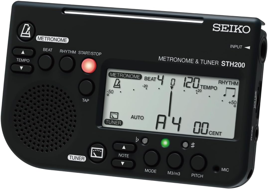 メトロノーム、チューナー、基準音発振の3機能が同時使用可能。 楽器の練習に最適な機能を凝縮したアイテムです。 【特徴】 ●大音量、クラリネット風の基準音 演奏中も聴き取りやすい大音量のメトロノーム、クラリネット風の基準音でテンポやピッチのトレーニングに最適です。 ●譜面台にラクラク取り付け（スリット） 譜面台にスマートに取り付けられる新設計のスリットにより譜読み、譜めくり時に邪魔になりません。 ●メトロノーム、チューナー、基準音発振の3機能が同時使用可能 STH200は初心者から中・上級者の日々の練習をしっかりサポートします。 ●軽量、コンパクト、省エネ 持ち運びに便利な96gの小型軽量ボディ。単4電池1本で使えて省エネかつ経済的です。 ●純正長三度、短三度調律サポート 純正三度でのハモリ練習をサポートする新機能(M3、m3モード)搭載。ワンランク上の練習に便利です。 ピックアップマイクを使用するとクラリネット風の基準音を聴きながらハーモニートレーニングができます。 ●安定したチューニング性能 チューニングメーターの反応は早過ぎず、管楽器ユーザーが使ってちょうど良いところに設計。 人間の耳で聞いたときの感覚と同じような動きです。 【仕様】 ・チューナー 調律モード AUTO, MANUAL, SOUND 調律範囲・精度 A0～C8（正弦波入力時）・±1セント 基準音範囲・精度 C3～C6・±1セント 基準ピッチ範囲 A4=415, 438～445Hz その他 M3/m3モード（純正長三度、純正短三度調律サポート） ・メトロノーム テンポ範囲・精度 30～250回/分・±0.1% ビート（拍子） 0～7拍子 リズム 4分、8分、8分裏、3連、3連中抜、16分、付点8分+16分 タップ機能 あり ・その他 サイズ 114(横) x 72(縦) x 17(奥行) mm 質量 96g（電池含む） 電源 単4形アルカリ乾電池×1本(1.5V) 音量調節 ダイヤル式無段階設定 INPUT 内蔵マイク、φ6mmモノラルジャック OUTPUT φ3.5mmイヤホンジャック、ダイナミック・スピーカー オートオフ時間 20分（チューナー）、5分（基準音）、20分（メトロノーム待機） メモリーバックアップ MANUALモードの音名、SOUNDモードのオクターブ・音名、基準ピッチ、M3/m3モード、テンポ、ビート、リズム 付属品 単4形アルカリ乾電池×1本（動作確認用） 、取扱説明書