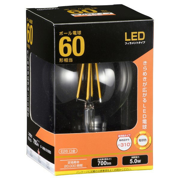 樂天商城 - LEDフィラメントタイプ電球 ボール球形 60形相当 700lm 電球色 G95 E26 全方向配光310° 06-3478 LDG5LC6 【送料無料】