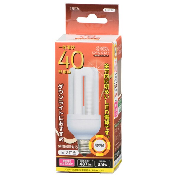 【完了品】LED電球 40形相当 487lm 電球色 E17 全方向280° 密閉形器具・断熱材施工器具対応 OHM 06-1672 LDF4L-G-E17 【送料無料】