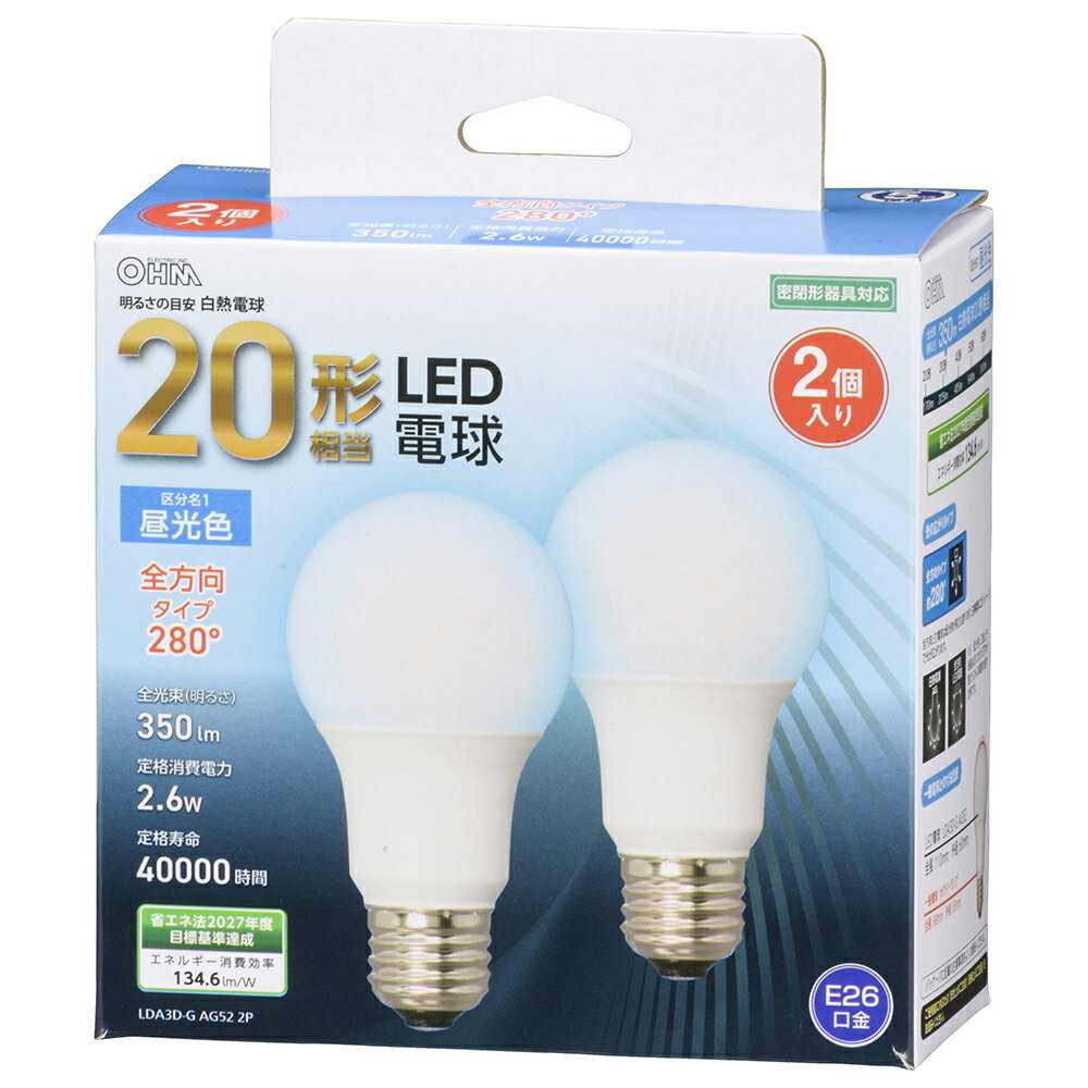 樂天商城 - LED電球 2個入 E26 20形相当 昼光色 全方向 OHM 06-4703 LDA3D-GAG522P