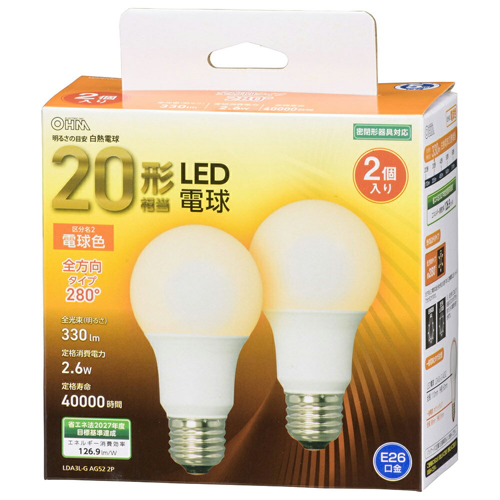 樂天商城 - LED電球 2個入 E26 20形相当 電球色 全方向 OHM 06-4701 LDA3L-GAG522P