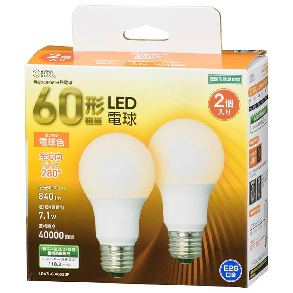 樂天商城 - LED電球 2個入 E26 60形相当 電球色 全方向 OHM 06-4707 LDA7L-GAG522P