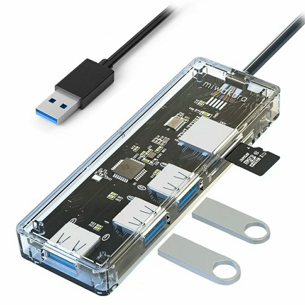 高透明USB3.2 Gen1 カードリーダー＋3ポートUSB HUB miwakura MPC-HU3PU3CR-R メール便送料無料