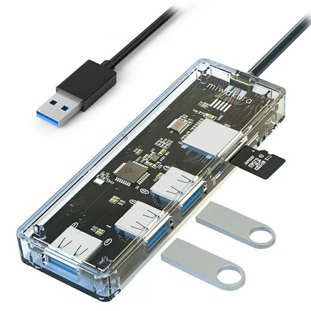 ＼楽天カードポイント4倍！6/20／ 高透明USB3.2 Gen1 カードリーダー＋3ポートUSB HUB miwakura MPC-HU3PU3CR-R 【メール便送料無料】