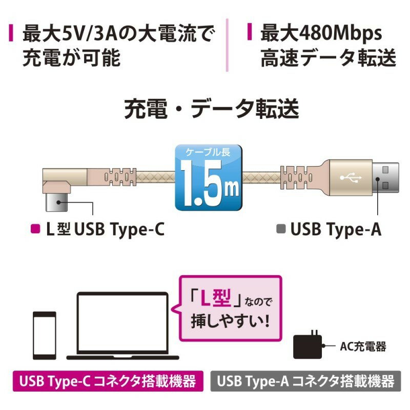 AudioComm 断線に強いTypeCケーブル L型 1.5m OHM 01-7135 SMT-L15LTCA-N 【メール便送料無料】