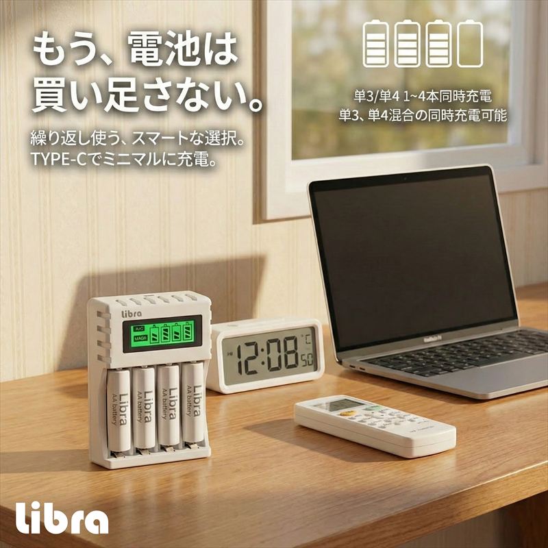 エネループ対応 USB充電器 単3 単4充電池対応 4本同時充電 単3単4混合可 液晶表示付 コンパクト充電器 Libra LBR-USBBC4 【送料無料】 【最強翌日配送】