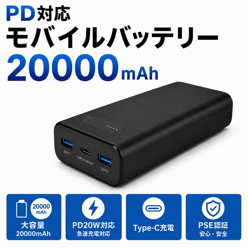 PD対応 モバイルバッテリー 20000mAh 大容量 USB Type-C iPhone iPad スマホ タブレット対応 PSE認証 安心 PL保険加入 日本メーカー製 サンコー TKMB25HBK 【送料無料】 【最強翌日配送】（楽天・スリーエーダイレクト 楽天市場店）