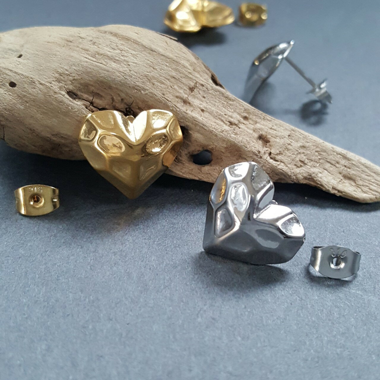 オール サージカルステンレス テクスチャー ハート ピアス ゴールド シルバー 24kgp イオンメッキ 本ロジウムメッキ ピアス素材 ハンドメイド オリジナル...