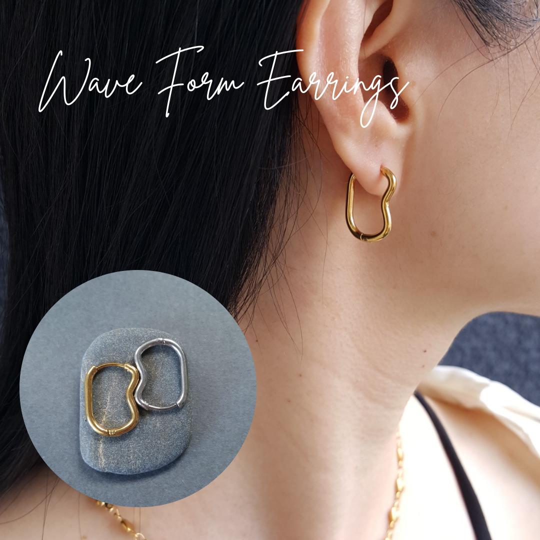 オール ステンレス ウェーブ フォーム ワンタッチ フープピアス ゴールド シルバー 24kgp イオンメッキ 無メッキ ピアス キャッチレス オリジナル 可愛...