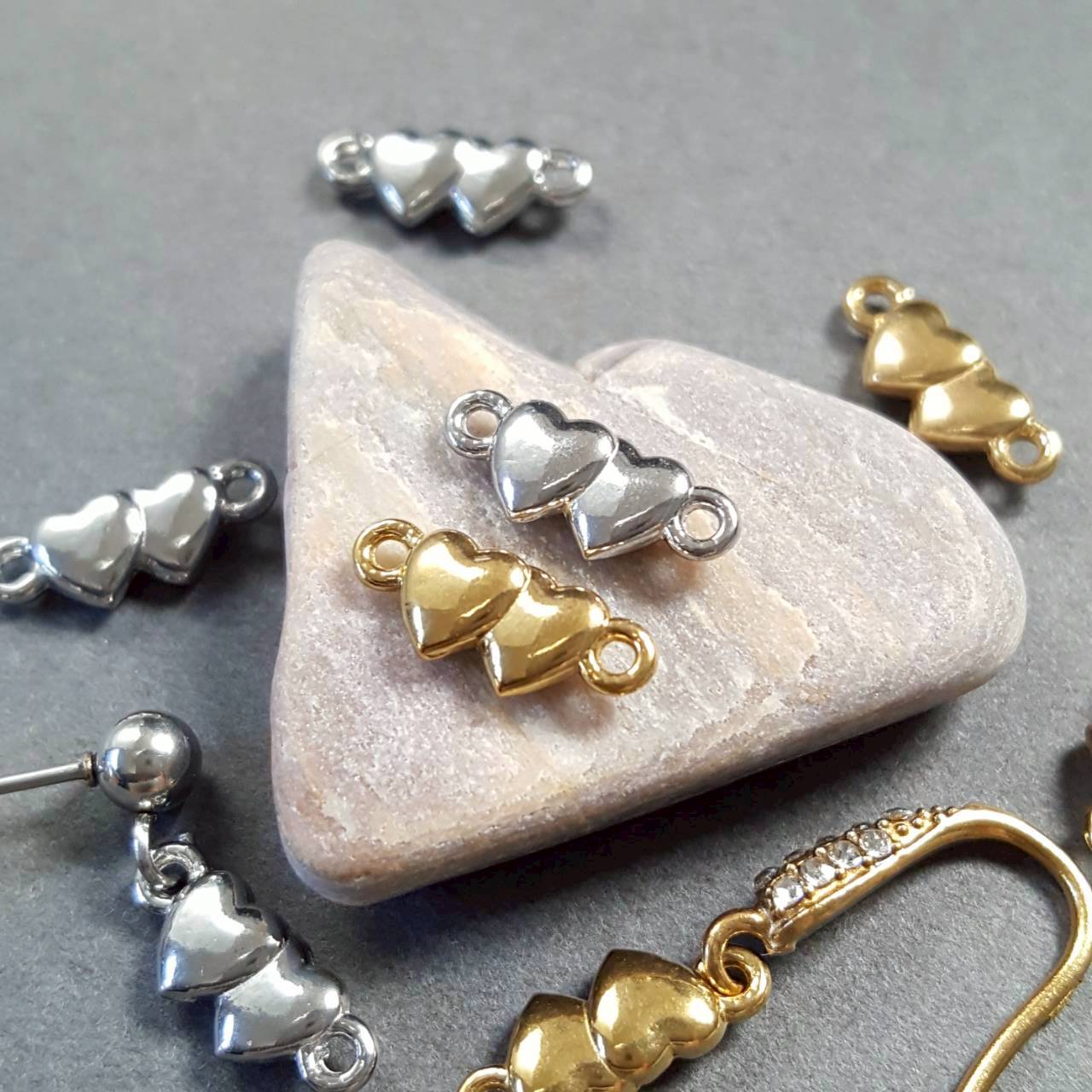 オールステンレス 極小 両端マルカン ダブルハート ハート デザイン パーツ 1個 販売 チャーム ネックレス素材 ピアス素材 ゴールド シルバー サージカルステンレス シンプル デザイン 18kgpイオンメッキ アレルギーフリー SUS304 ハンドメイド素材