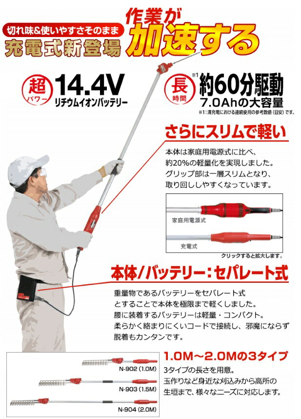 ニシガキ工業充電式長尺電動植木バリカン高速バリカン　2.0M10枚刃　充電式N−904バッテリー・充電器付代引き不可商品です。沖縄・離島は別途運賃かかります。