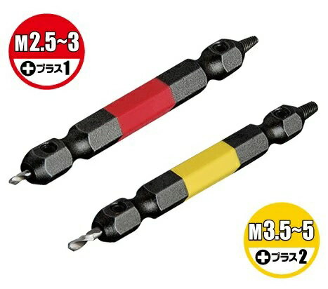 ※沖縄・離島は別途送料かかります 電動ドライバーを使ってなめたネジを外す! ●なめたプラス穴のネジを簡単に取り外し可能 　ドリル部で穴をあけ、ネジ部で外す ●ステンレスネジにも対応 　付属のステンレス加工用オイルでステンレスネジを外すことが可能 ●先端ドリル・ネジ部交換可能 　(No.3用はネジ部一体型) ・サイズ：【M2.5〜3】全長62×幅6.35mm 　【M3.5〜5】全長65×幅6.35mm ・質量：【M2.5〜3】12.6g　【M3.5〜5】12.7g ・素材：【本体ビット|ネジ部品】特殊合金鋼　【ドリル部品】HSS(ハイス)