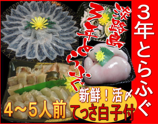 TVでお馴染み『3年ふぐ』活け〆てっちり鍋！豪華フルコース！【3年とらふぐ】活てっちり（約4〜5人前）てっさ白子付き 【Bてっさ白子】