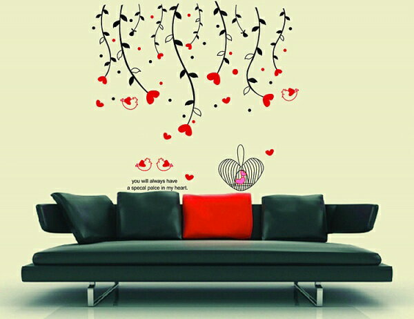 ウォールステッカー ハート鳥籠 60×90cm 壁紙 シール 賃貸OK はがせる 剥がせる DIY 模様替え インテリア 花 flower シンプル パターン 鳥 ツタ 蔦 単色 赤 黒 モノトーン 送料無料 母の日