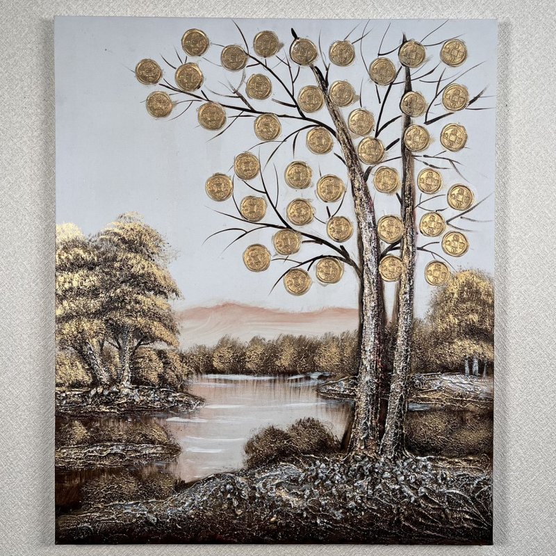 乐天商城 - ＼2000円OFFクーポン対象／手描き油絵 ゴールデンツリー インテリア絵画 肉筆油絵 アートパネル 50×60cm 木枠張り 送料無料 プレゼント 父の日