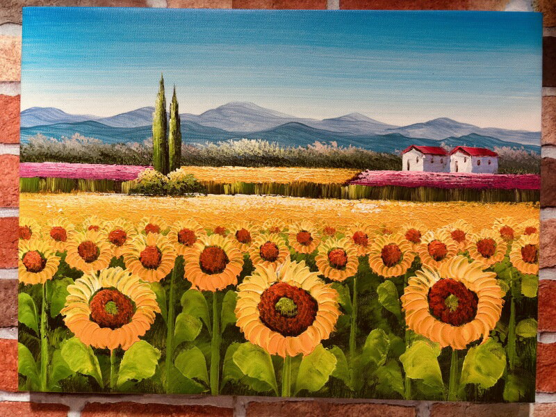 手描き油絵 ひまわり インテリア 絵画 肉筆絵画 風景画 a-アートパネル 40×30cm 木枠張り 送料無料 プレゼント 父の日