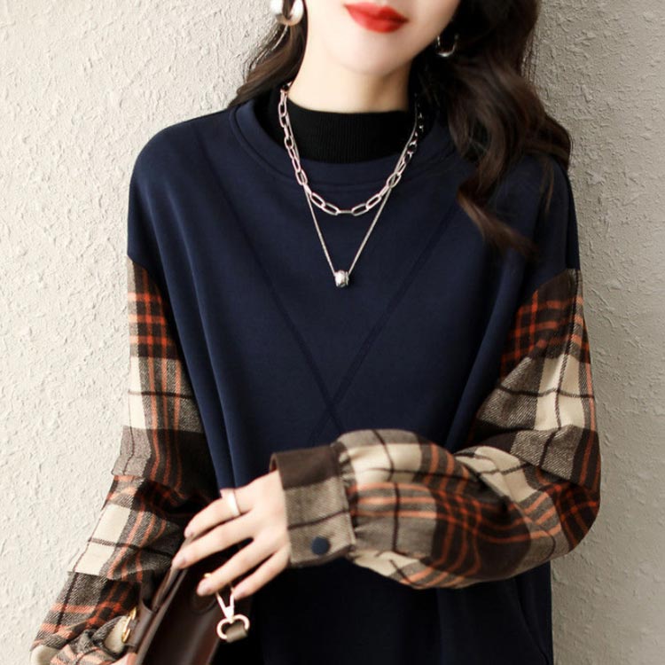 3Q楽天市場店のトレーナー スウェット トップス 袖切り替え 重ね着風 フェイクレイヤード レディース 長袖 トップス チェック柄 送料無料 シャツ袖 シャツ切り替え ゆったり 体型カバー 大きいサイズ 春新作 秋 30代 40代｜アングル2