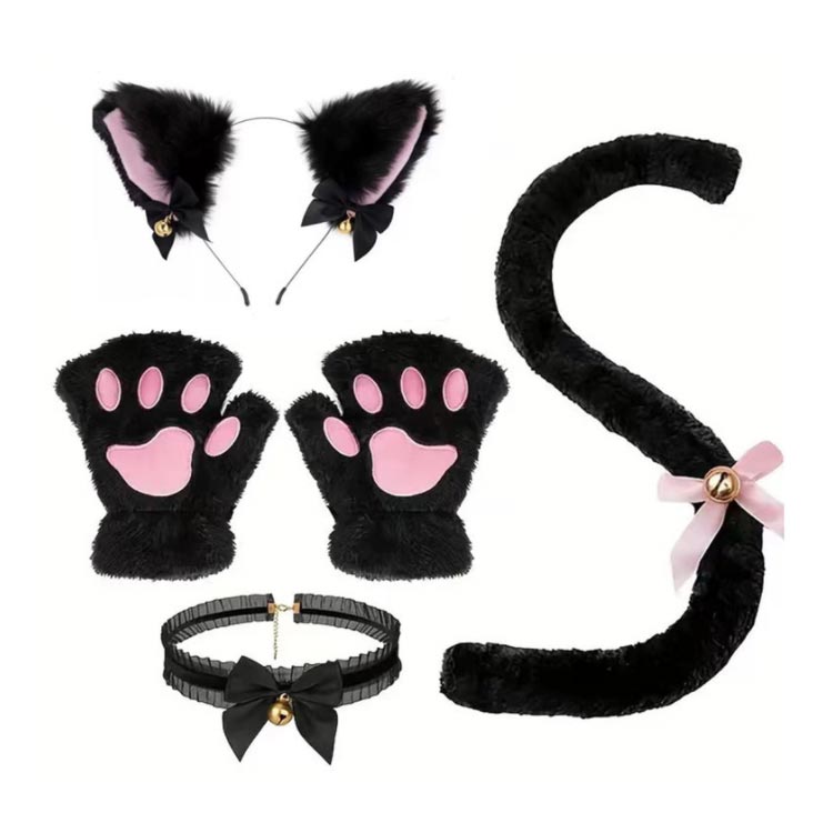 肉球手袋 カチューシャ ねこ耳 猫耳 猫耳 仮装 鈴付き ハロウィン 可愛い 小物 コスプレ グッズ 黒 白 大人用 4点セット 子供用 しっぽ にゃんこ 文化祭 3qshop-10004553 3Q楽天市場店 サンプル画像2