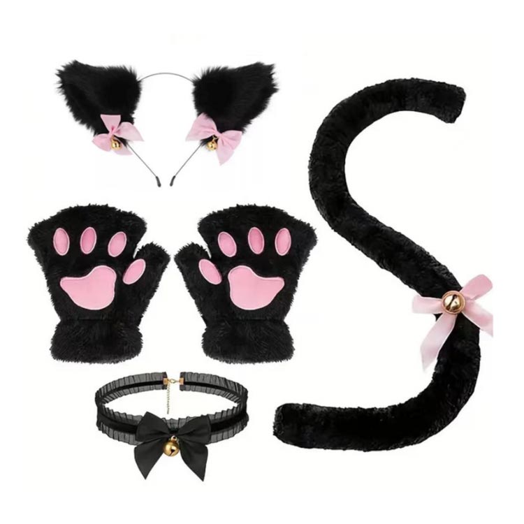 肉球手袋 カチューシャ ねこ耳 猫耳 猫耳 仮装 鈴付き ハロウィン 可愛い 小物 コスプレ グッズ 黒 白 大人用 4点セット 子供用 しっぽ にゃんこ 文化祭 3qshop-10004553 3Q楽天市場店 サンプル画像3