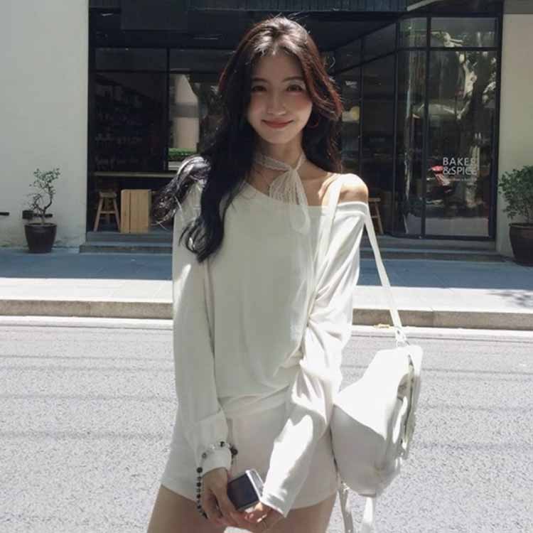 Tシャツ カットソー レディース トップス オフショルダー 長袖 ワンショルダー オフショル ワンショルダー カジュアル 肩見せ 無地 シンプル フェミニン 肩だし 綿混 デコルテ 鎖骨 おしゃれ 秋 冬 韓国 ファッション 3qshop-10005195 3Q楽天市場店 サンプル画像2