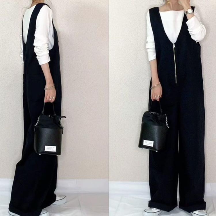 ロンパース レディース サロペット オールインワン Vネックサロペット ゆったり レディース 春 夏 ロンパース ノースリーブ ワイドパンツ 黒 無地 おしゃれ 2024春夏 送料無料