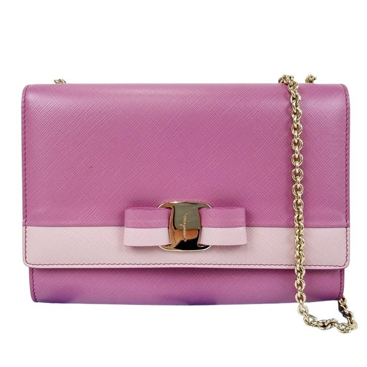 乐天商城 - Salvatore Ferragamo フェラガモ ショルダーバッグ ヴァラリボン AU-22/C490 ピンク系 レザー レディース チェーン ゴールド金具 美品【本物保証】【中古】