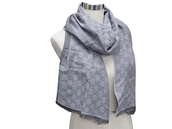 GUCCI グッチ ストール GG柄 グレー ウール80%×シルク20％ レディース 大判 美品【本物保証】【中古】