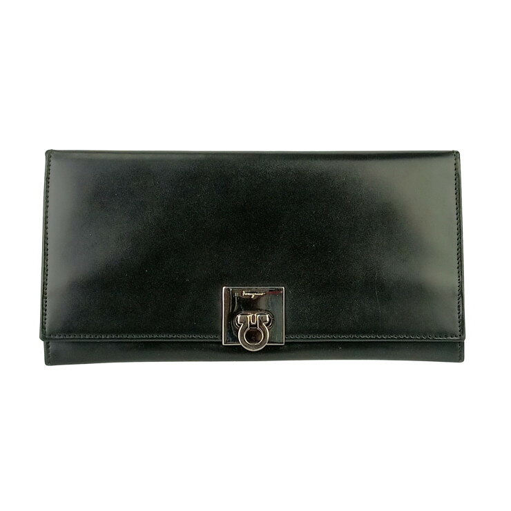 乐天商城 - Salvatore Ferragamo フェラガモ 長財布 ガンチーニ ロングウォレット 22 8601 ブラック カーフレザー レディース 二つ折り シルバー金具【本物保証】【中古】